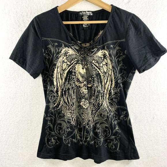 from los angeles Tops - Womens Braided T Shirt Biker Edgy Baddie Skull Rhinestone Wings Goth Y2K